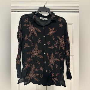 Chico's Black Button Down Shirt with Brown Floral Design